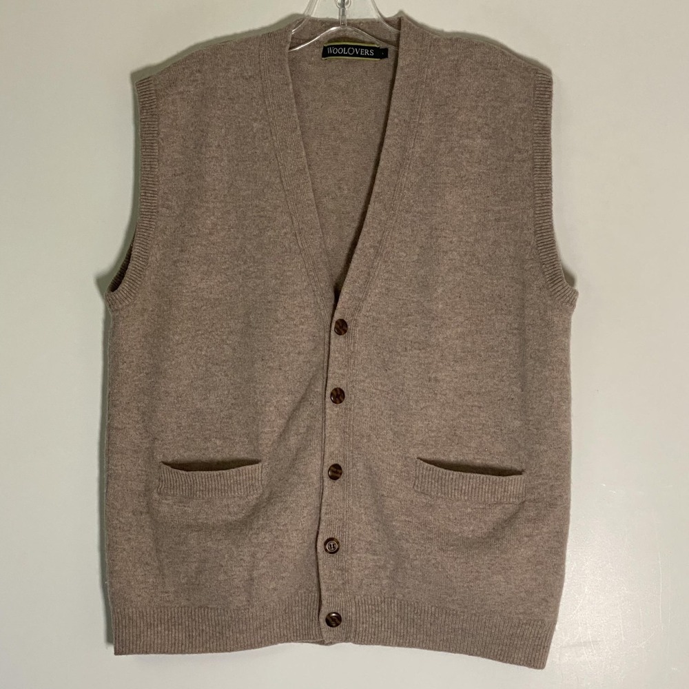 WoolOvers Sweater Vest Mens Large Beige 100% Wool V Neck Button Front Pockets